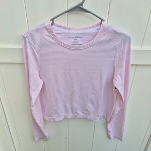 Harmony Balance Womens Pink White Striped Long Sleeve Crop Top Activewear Small